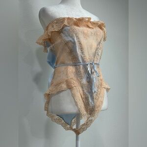 VTG 80s Jezebel Lace & Satin Teddy Powder Blue Tan Off-Shoulder Romantic